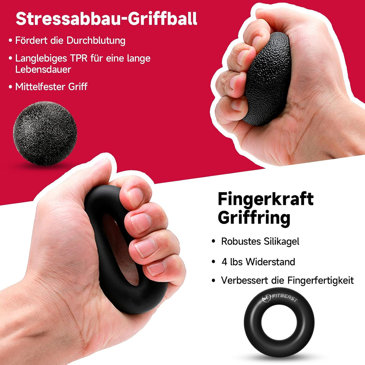 FitBeast Handtrainer Fingertrainer, Griffkraft Trainer Trainingsset - 5er-Pack, Verstellbarer Grip Trainer, Finger Trainingsgerät, Handgelenk Trainer, Trainingsring & Stressabbau-Griffkugel