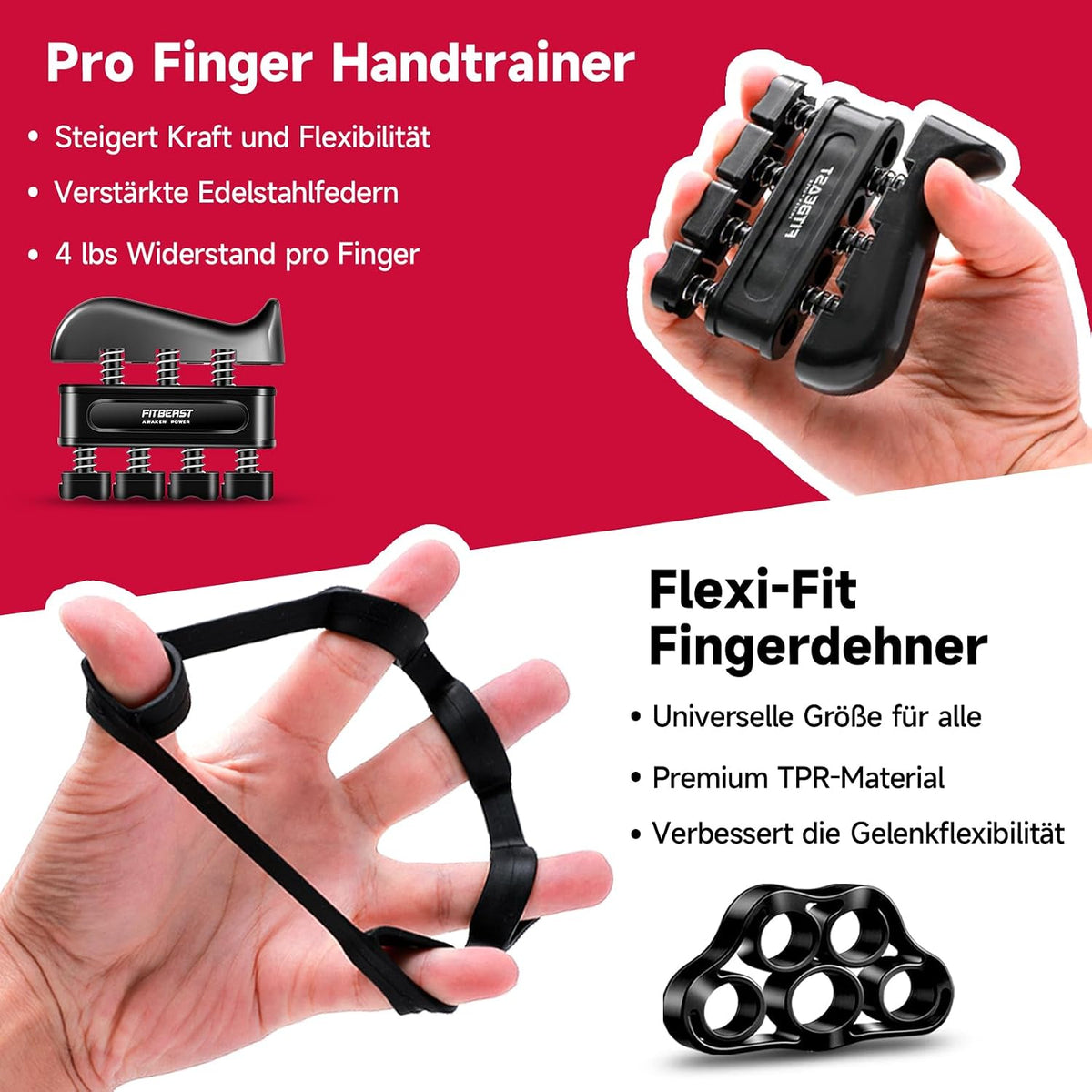 FitBeast Handtrainer Fingertrainer, Griffkraft Trainer Trainingsset - 5er-Pack, Verstellbarer Grip Trainer, Finger Trainingsgerät, Handgelenk Trainer, Trainingsring & Stressabbau-Griffkugel