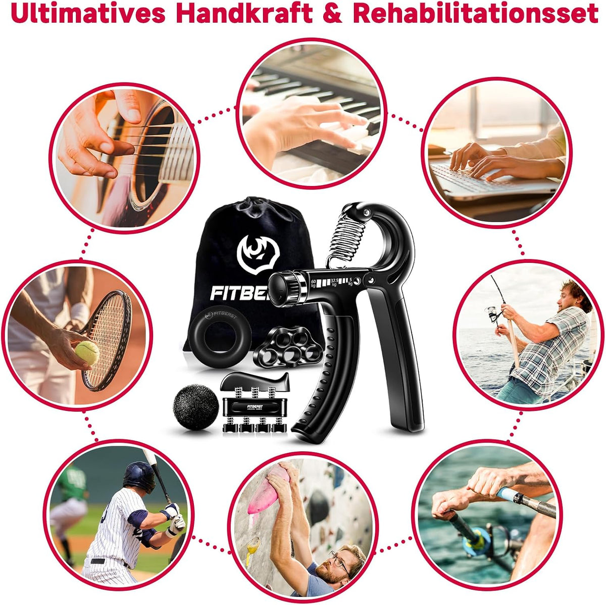 FitBeast Handtrainer Fingertrainer, Griffkraft Trainer Trainingsset - 5er-Pack, Verstellbarer Grip Trainer, Finger Trainingsgerät, Handgelenk Trainer, Trainingsring & Stressabbau-Griffkugel